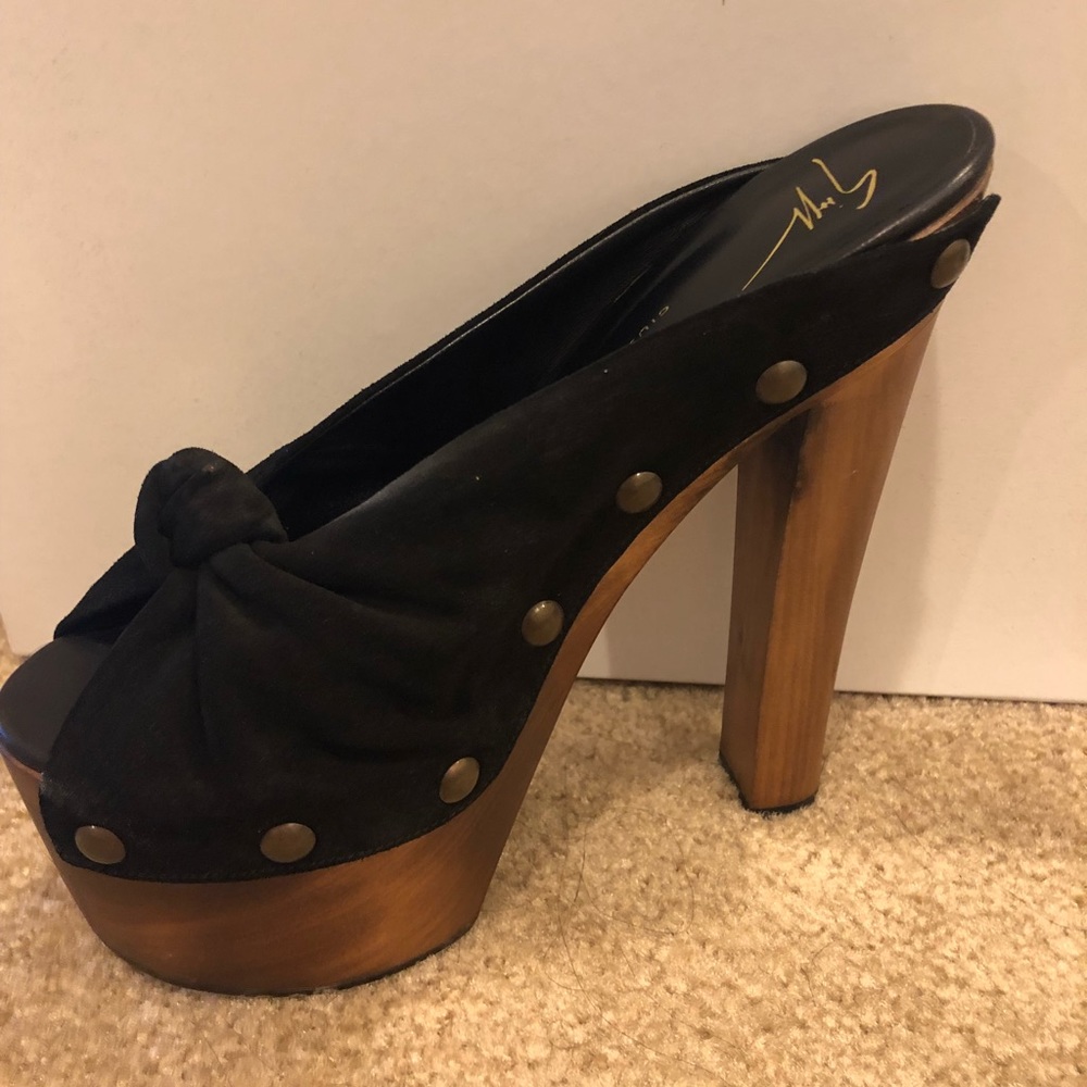 Giuseppe Zanotti Black Suede Platform Mules with Wood Heel